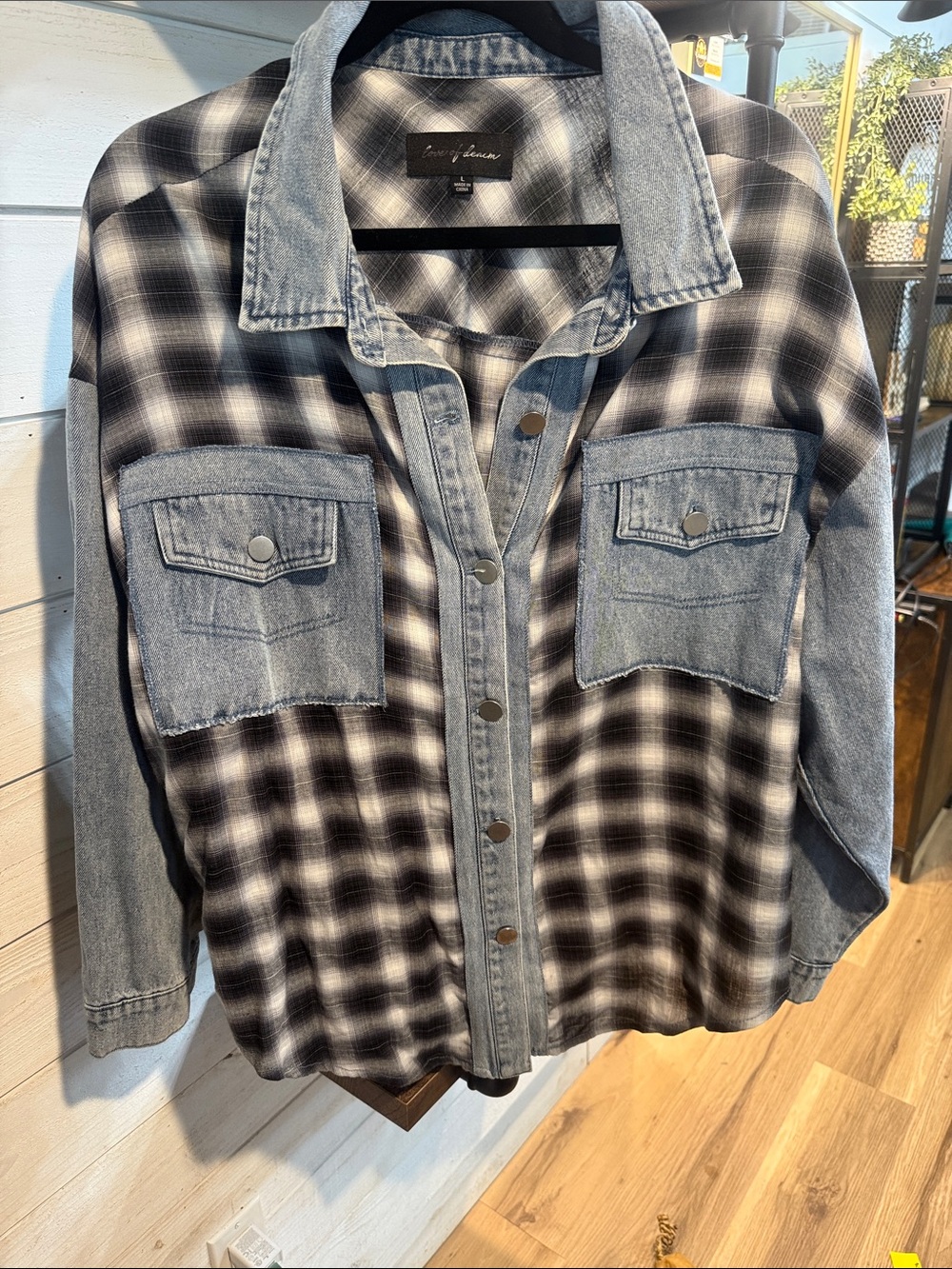 Black & White Plaid Denim-Trim Shirt